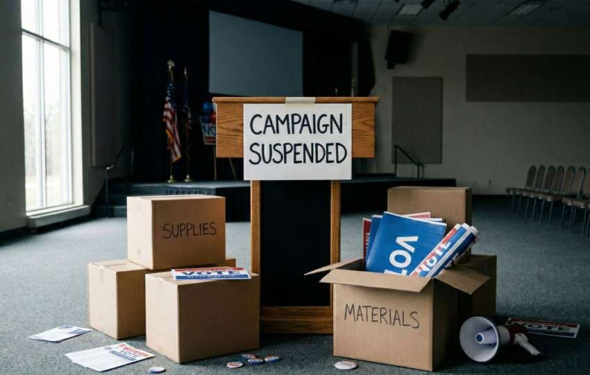 Cardboard boxes and a sign reading "Campaign Suspended" in an empty room, representing the suspension of a Libertarian political campaign.