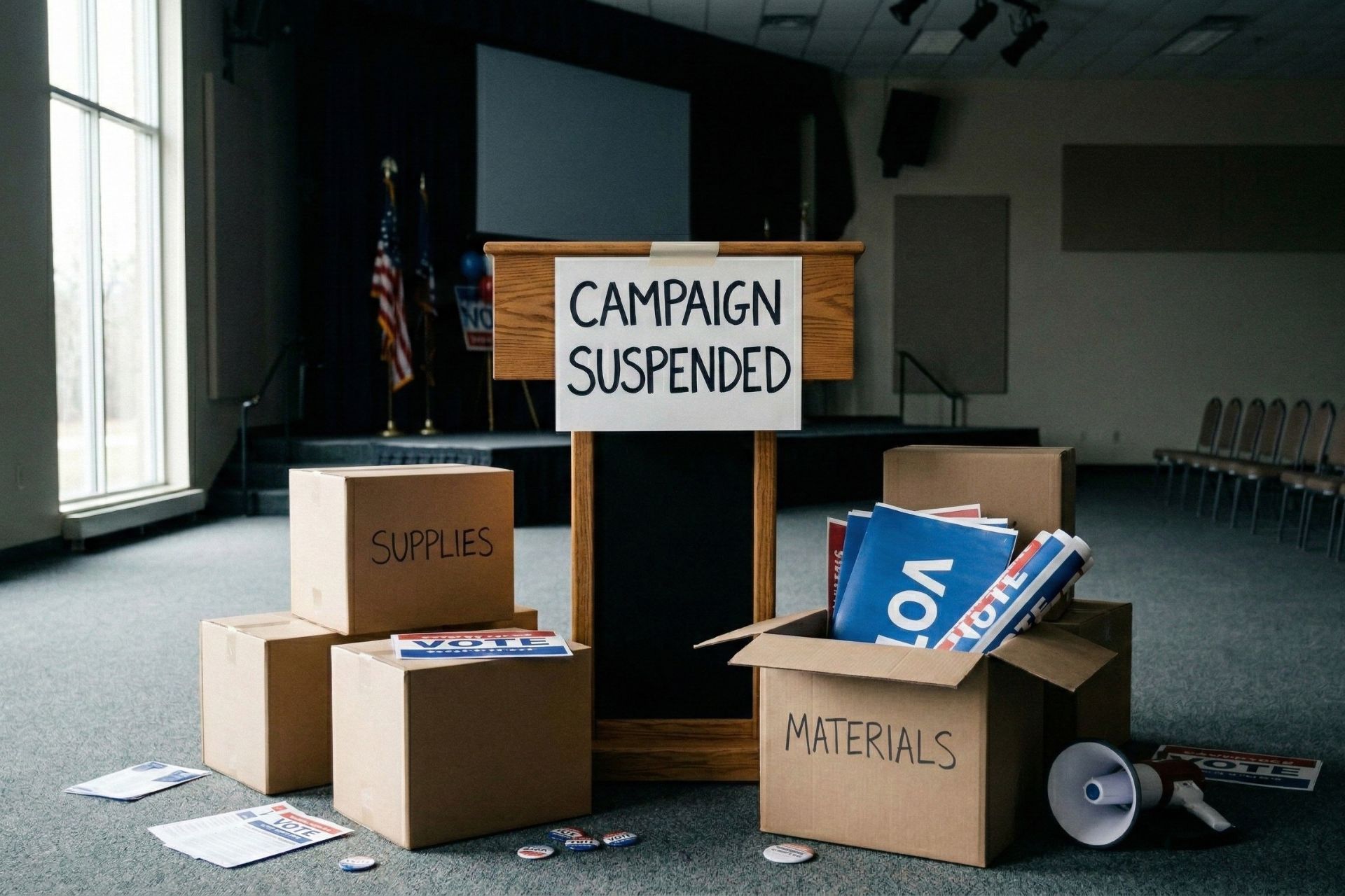Cardboard boxes and a sign reading "Campaign Suspended" in an empty room, representing the suspension of a Libertarian political campaign.