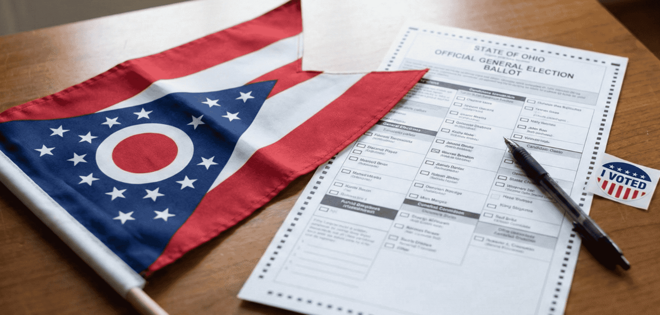 Ohio state flag and 2026 election ballot documents on a wooden desk.