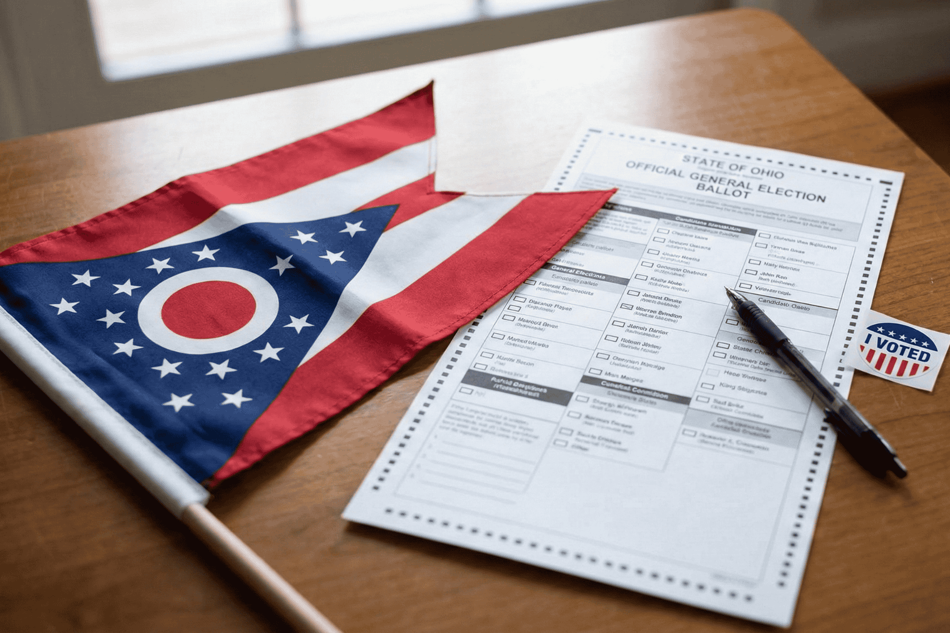 Ohio state flag and 2026 election ballot documents on a wooden desk.