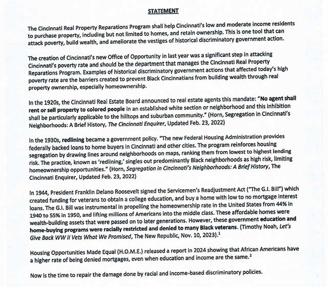Real property reparations statement Cincinnati