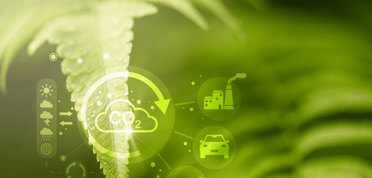 A close-up of a green fern leaf with a digital overlay of white sustainability icons—including a CO2 cloud, factory, and electric car—illustrating the Greater Cincinnati Regional Climate Plan.