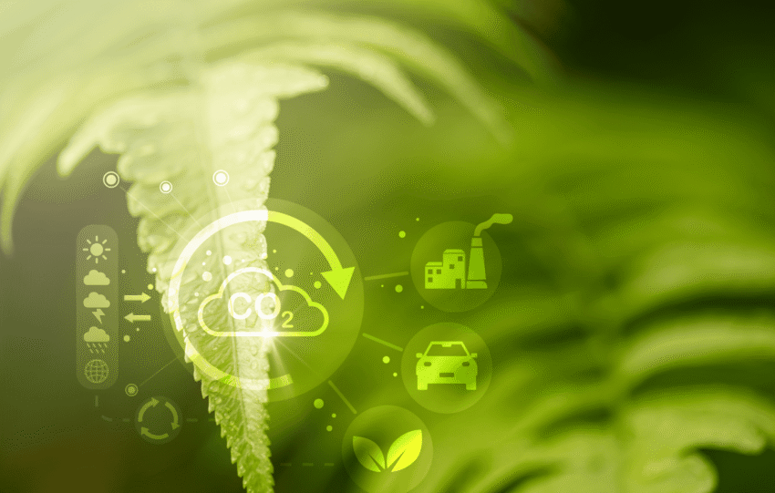 A close-up of a green fern leaf with a digital overlay of white sustainability icons—including a CO2 cloud, factory, and electric car—illustrating the Greater Cincinnati Regional Climate Plan.