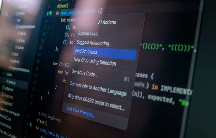 AI-generated code displayed on a computer screen representing the shift toward outcome specification in modern knowledge work.