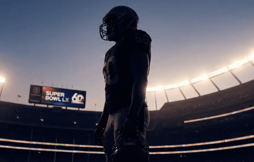 Silhouette of a football player standing in a dimly lit stadium under bright floodlights, representing the Super Bowl LX halftime show.