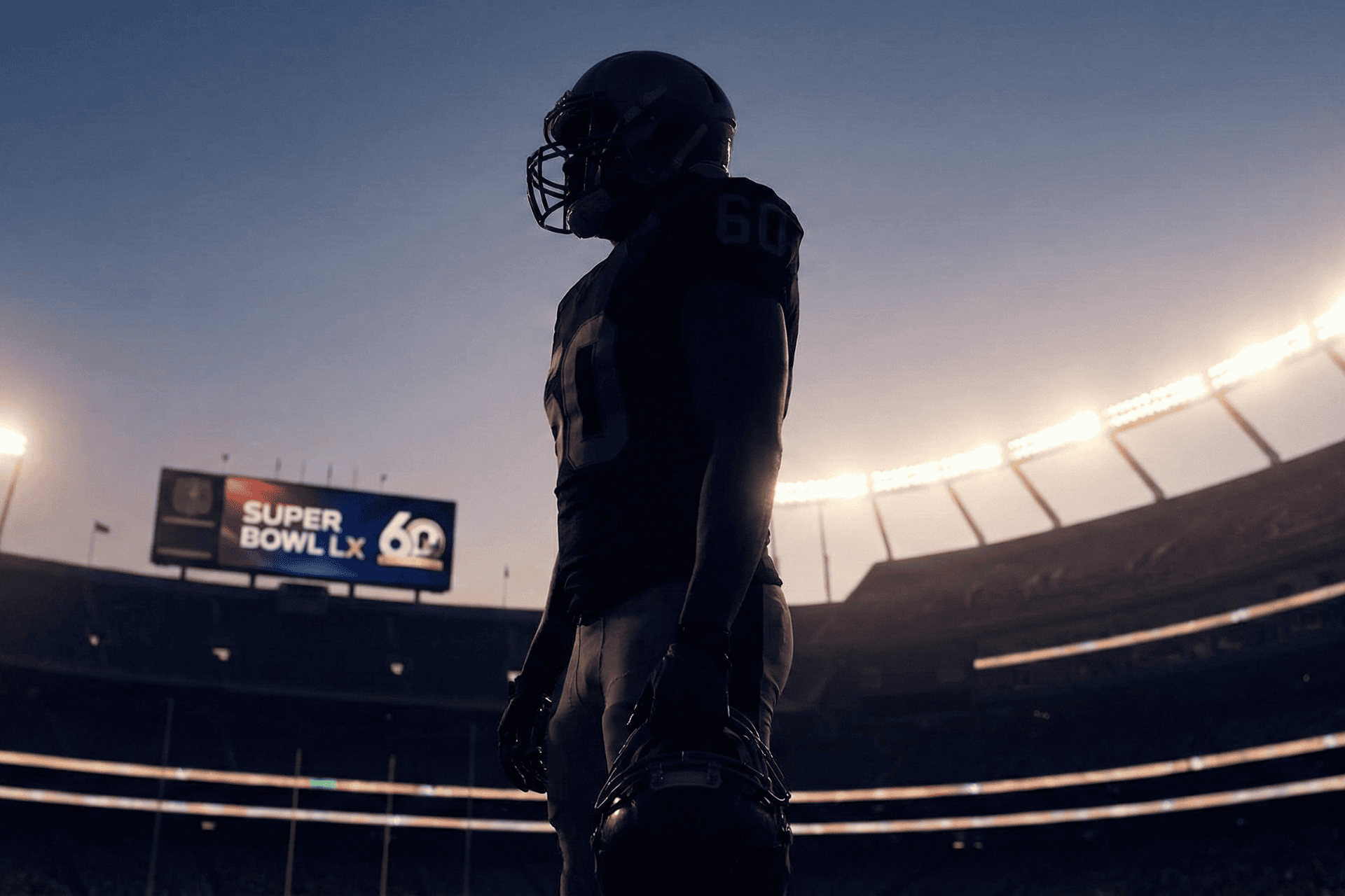 Silhouette of a football player standing in a dimly lit stadium under bright floodlights, representing the Super Bowl LX halftime show.