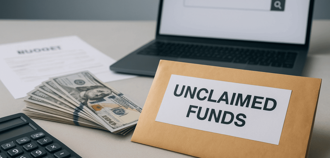 A brown envelope with a label reading "UNCLAIMED FUNDS" sitting on a desk next to a stack of US dollar bills, a calculator, and a laptop.