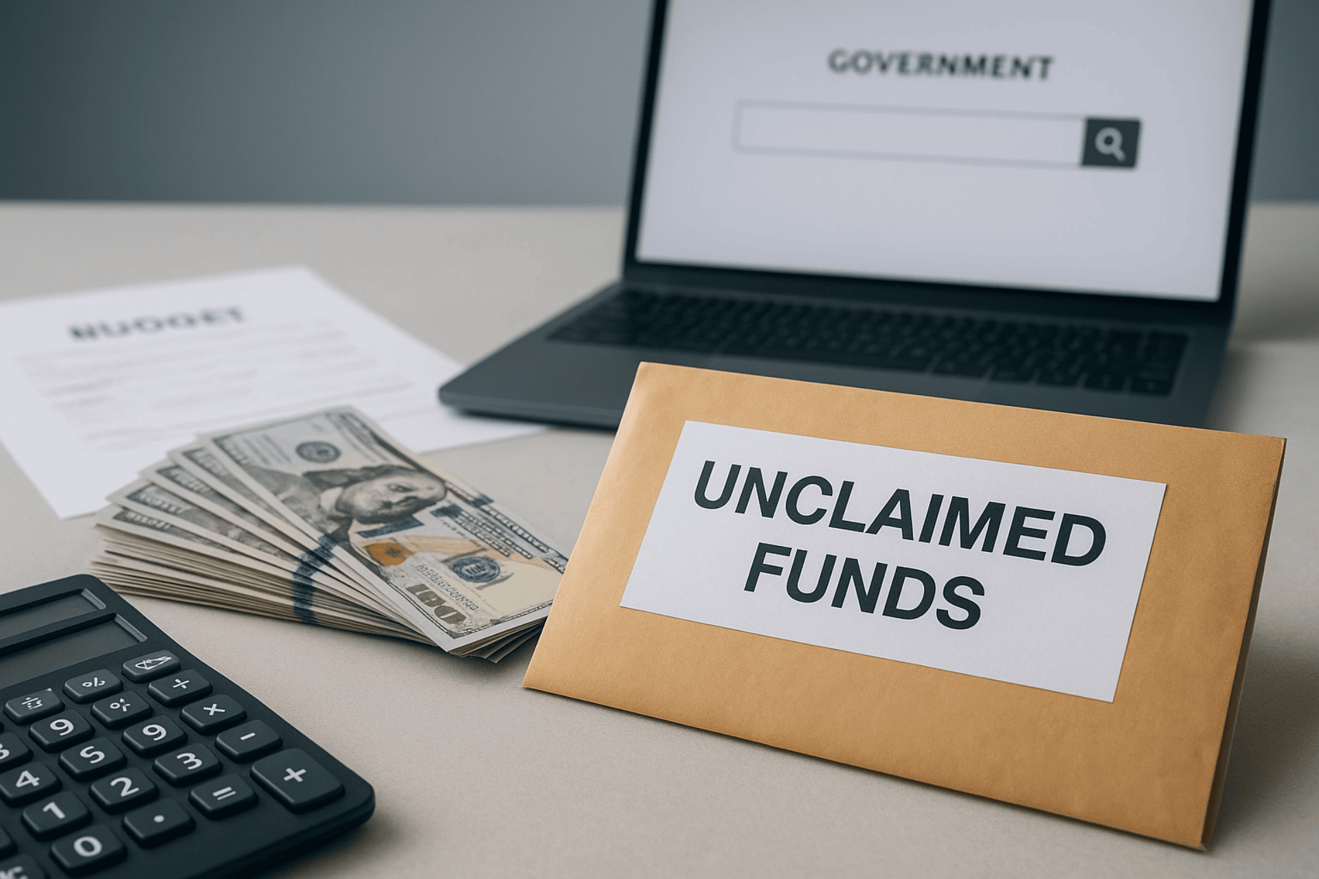 A brown envelope with a label reading "UNCLAIMED FUNDS" sitting on a desk next to a stack of US dollar bills, a calculator, and a laptop.