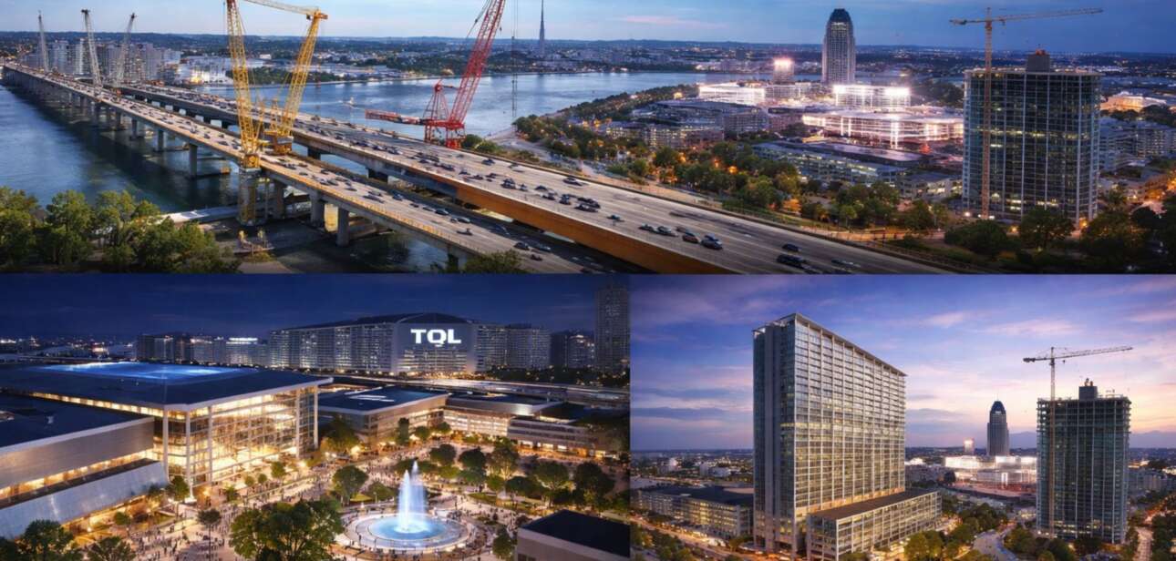 Architectural renderings of three major 2026 Cincinnati developments, featuring the new Brent Spence companion bridge, the illuminated FC Cincinnati West End Entertainment District, and a new downtown high-rise building at dusk.