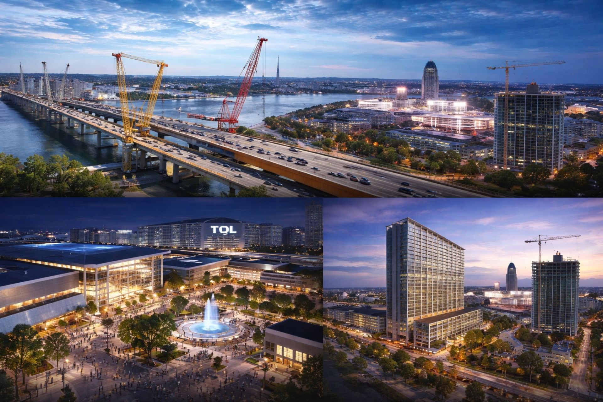 Architectural renderings of three major 2026 Cincinnati developments, featuring the new Brent Spence companion bridge, the illuminated FC Cincinnati West End Entertainment District, and a new downtown high-rise building at dusk.