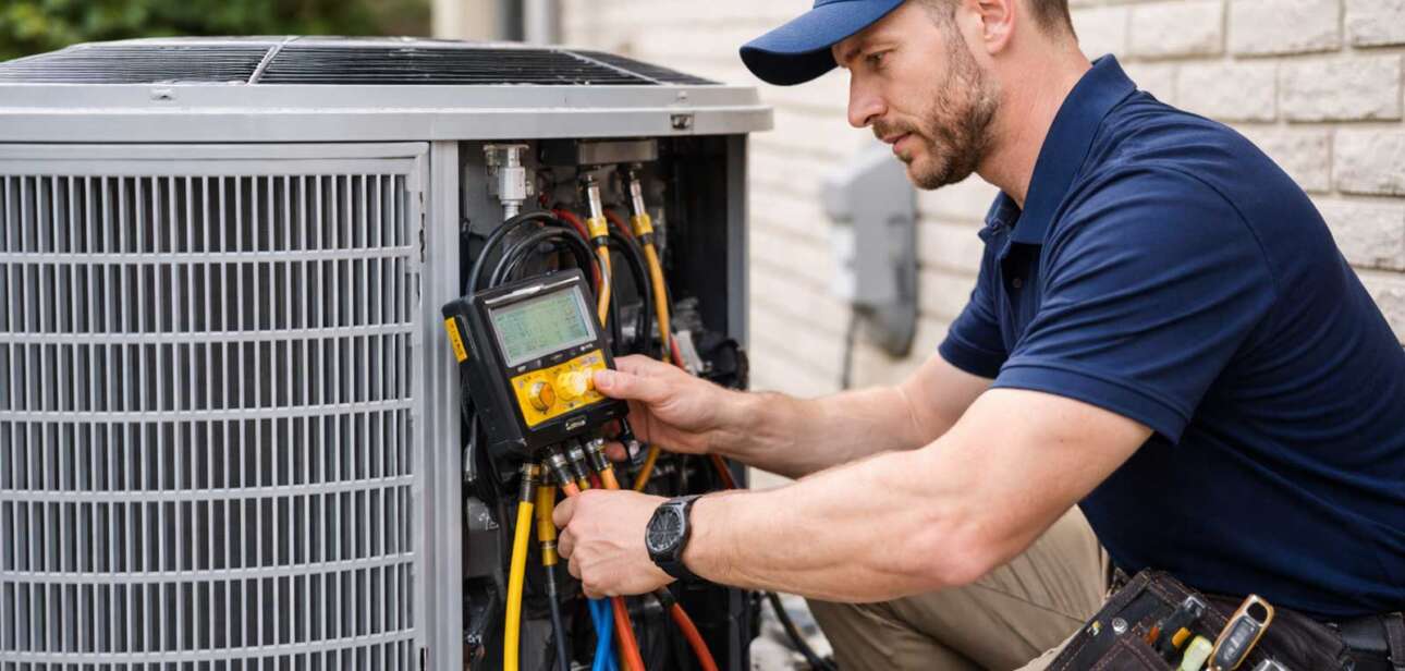 HVAC technician servicing an outdoor air conditioning unit at a residential home