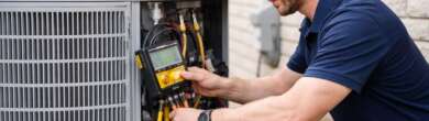 HVAC technician servicing an outdoor air conditioning unit at a residential home