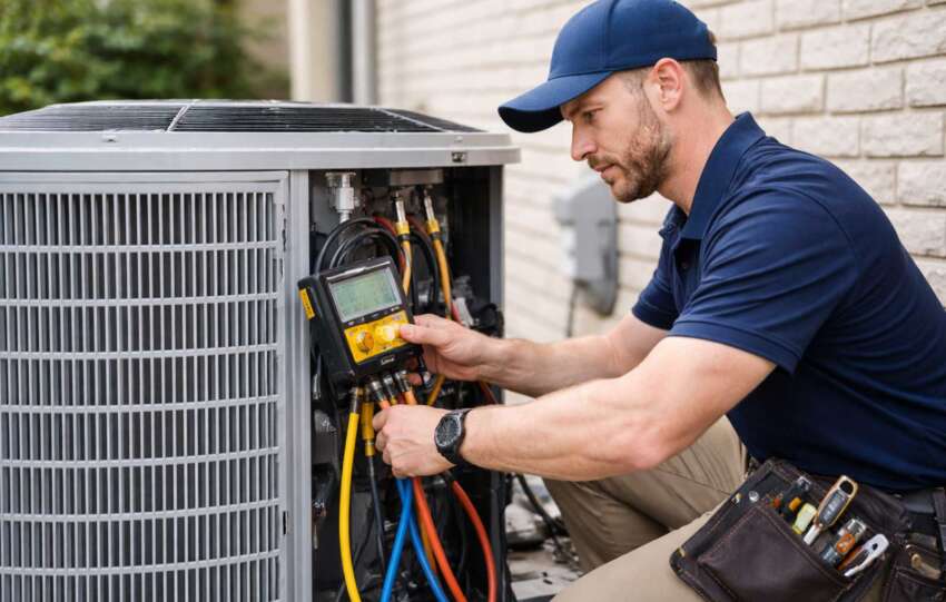 HVAC technician servicing an outdoor air conditioning unit at a residential home