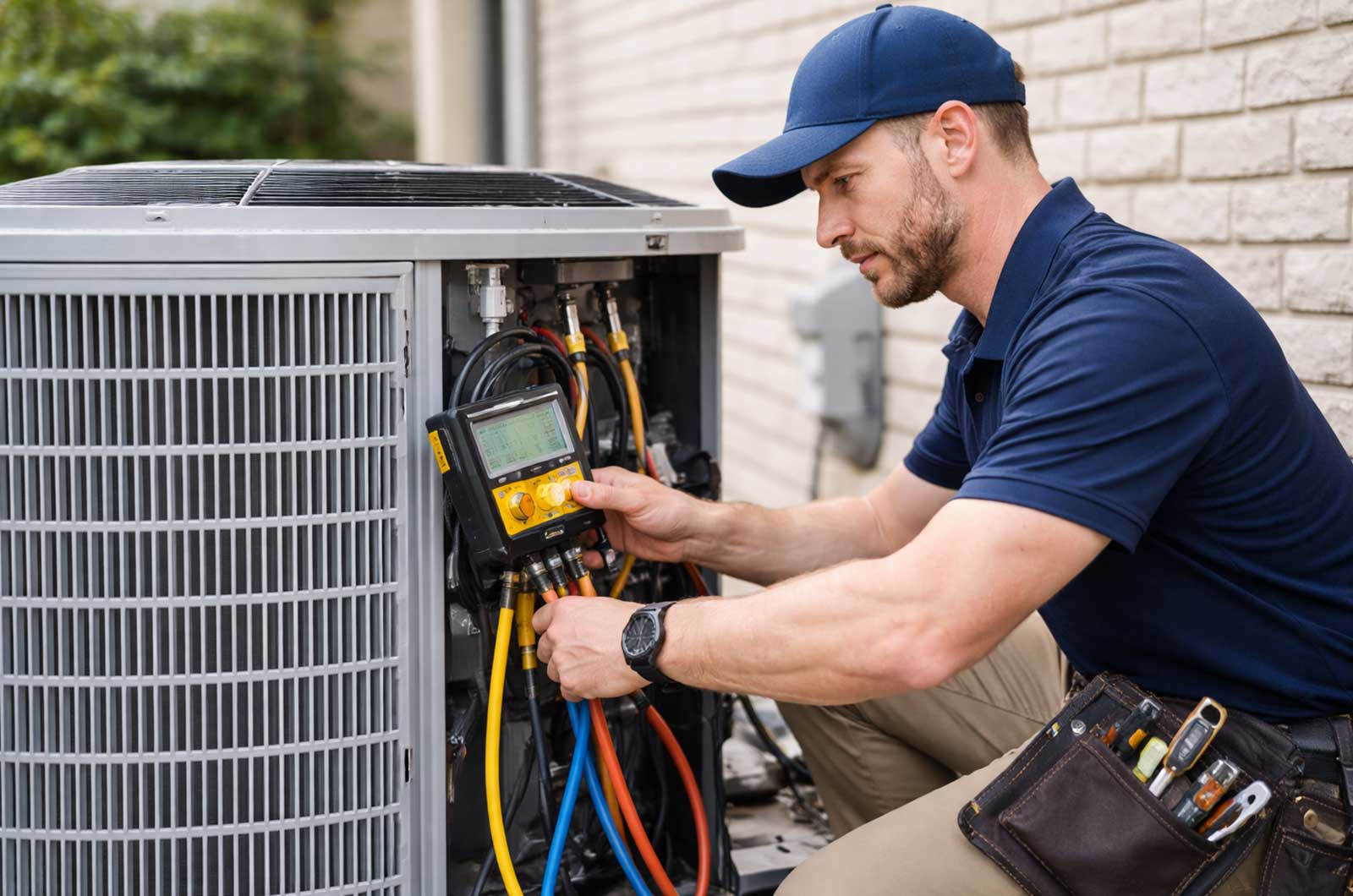 HVAC technician servicing an outdoor air conditioning unit at a residential home
