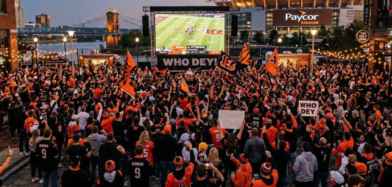 A large crowd of Cincinnati Bengals fans in orange and black apparel gathers at The Banks to watch a game on a massive outdoor LED screen, with Paycor Stadium and the Roebling Bridge visible under a twilight sky.