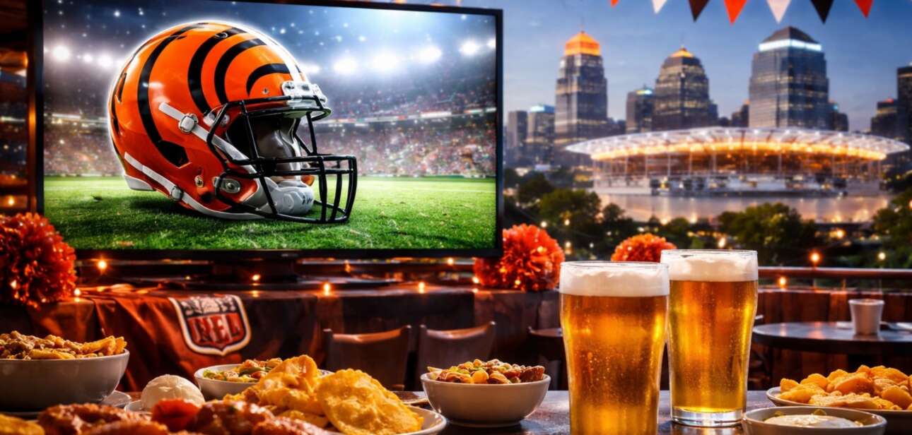 Cincinnati Bengals game watch party setup with large TV, football helmet display, food, and drinks near Paycor Stadium skyline