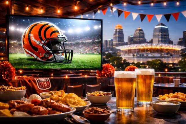 Cincinnati Bengals game watch party setup with large TV, football helmet display, food, and drinks near Paycor Stadium skyline