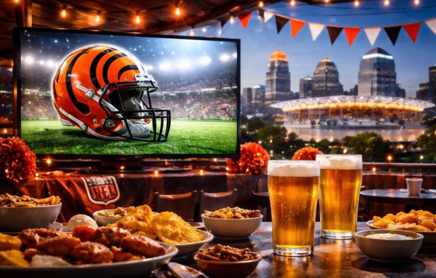 Cincinnati Bengals game watch party setup with large TV, football helmet display, food, and drinks near Paycor Stadium skyline