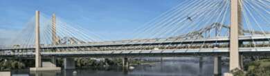 A wide-angle rendering of the proposed Brent Spence Bridge Corridor companion bridge spanning the Ohio River between Cincinnati and Northern Kentucky.