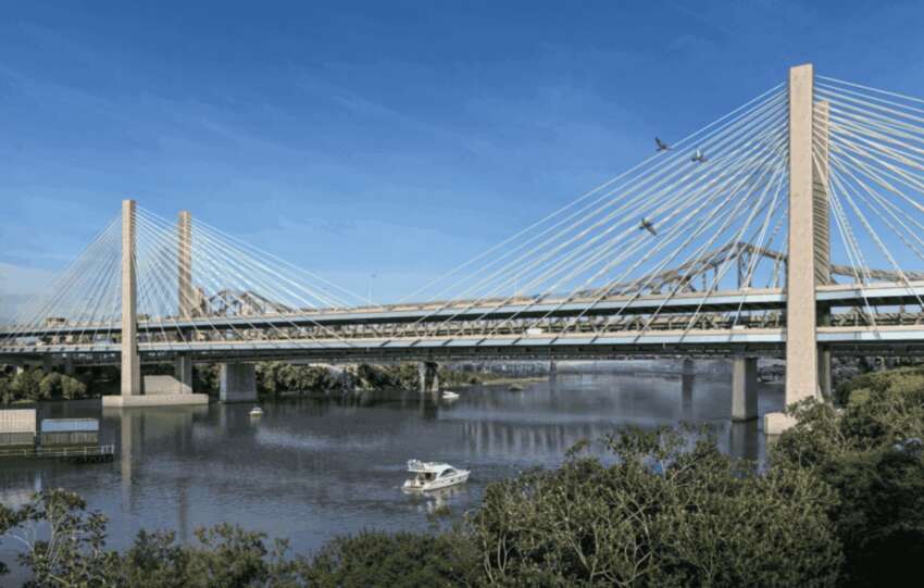 A wide-angle rendering of the proposed Brent Spence Bridge Corridor companion bridge spanning the Ohio River between Cincinnati and Northern Kentucky.
