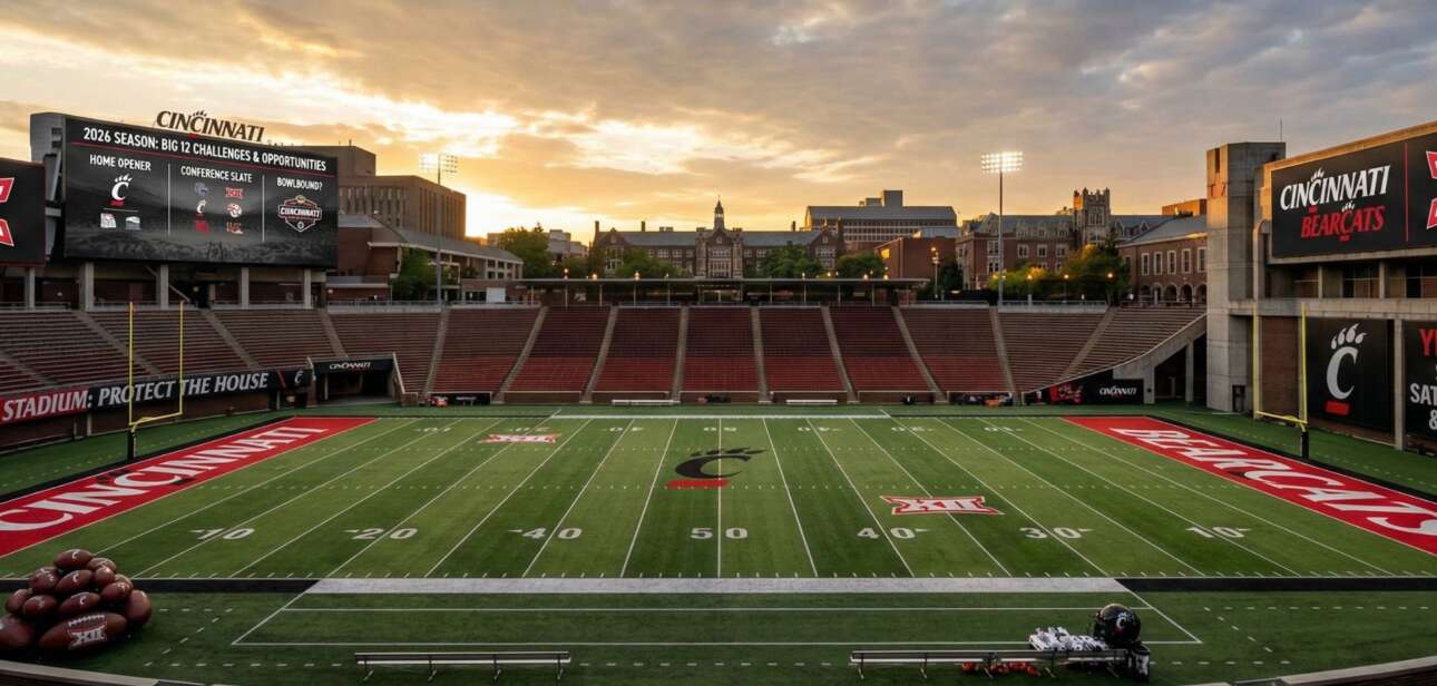 An empty Nippert Stadium, home of the Cincinnati Bearcats, bathed in sunset light with the team logo visible at midfield.