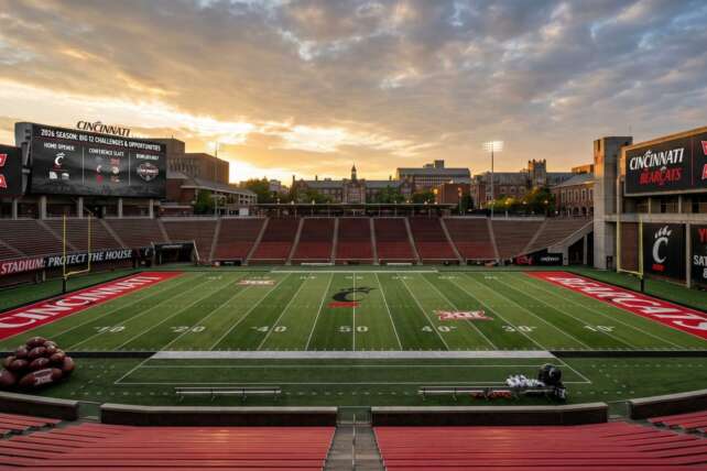 An empty Nippert Stadium, home of the Cincinnati Bearcats, bathed in sunset light with the team logo visible at midfield.