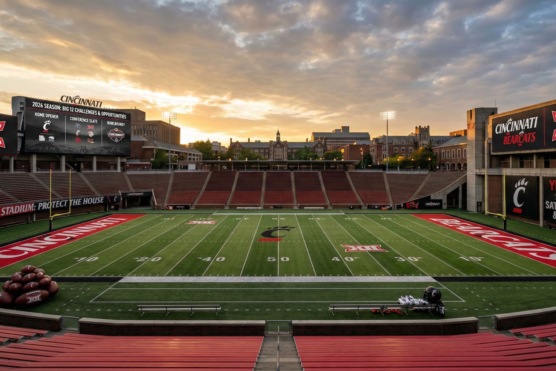 An empty Nippert Stadium, home of the Cincinnati Bearcats, bathed in sunset light with the team logo visible at midfield.