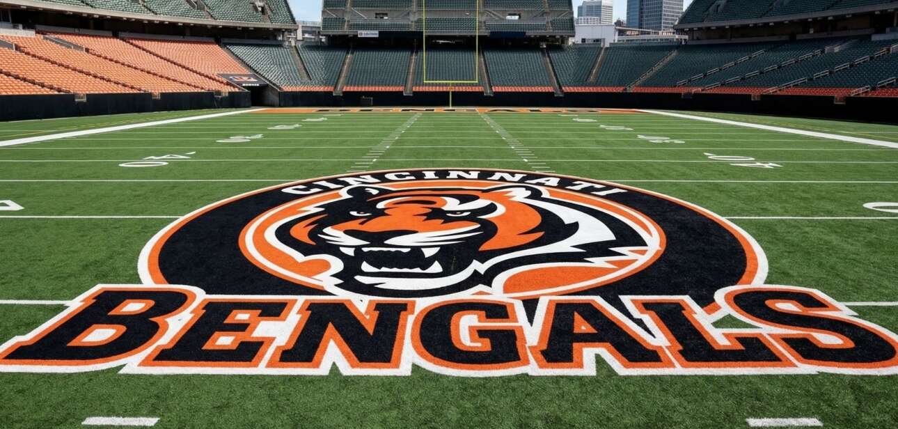 The Cincinnati Bengals logo marks the midfield turf inside an empty Paycor Stadium.