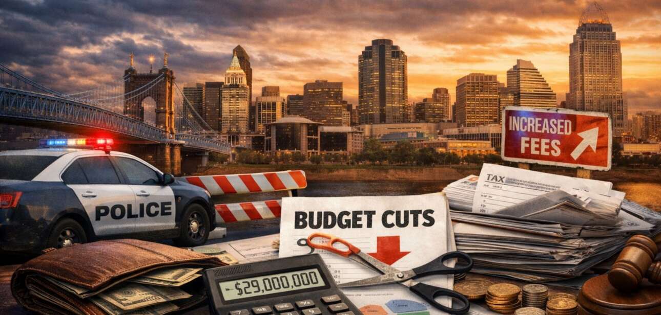 Featured image for Cincinnati budget deficit article showing the city skyline, a police car, and signs for "Budget Cuts" and "Increased Fees" next to stacks of money and a calculator.