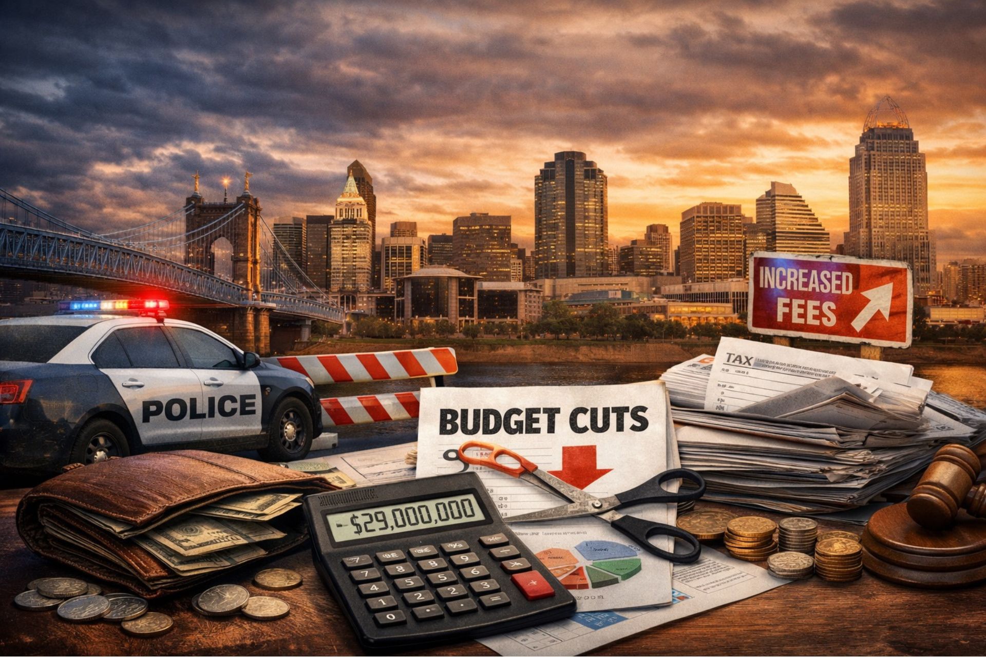 Featured image for Cincinnati budget deficit article showing the city skyline, a police car, and signs for "Budget Cuts" and "Increased Fees" next to stacks of money and a calculator.