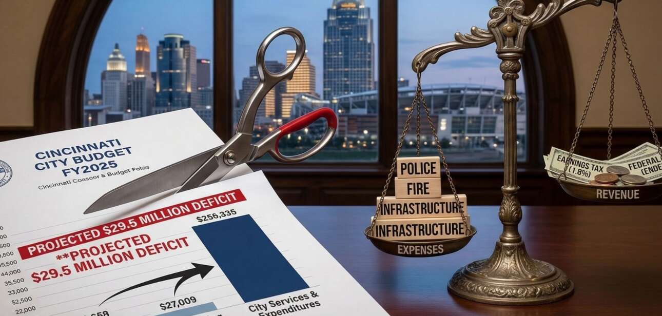 A conceptual graphic showing a Cincinnati city budget document outlining a projected $29 million deficit, placed on a desk next to a miniature scale of justice with the downtown Cincinnati skyline in the background.