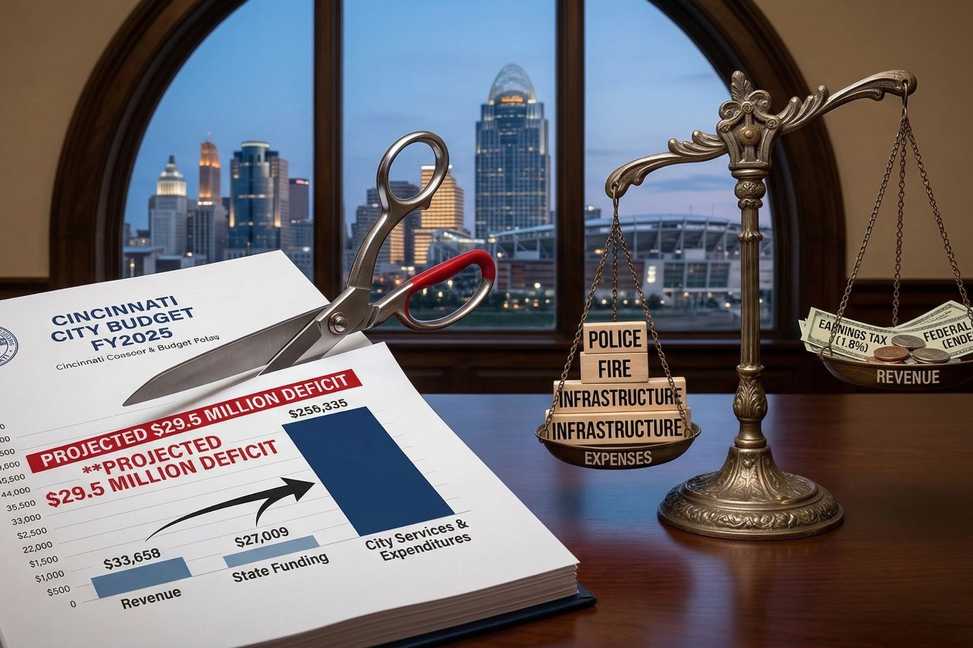 A conceptual graphic showing a Cincinnati city budget document outlining a projected $29 million deficit, placed on a desk next to a miniature scale of justice with the downtown Cincinnati skyline in the background.