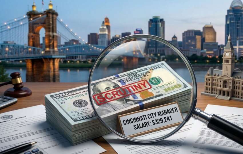 A magnifying glass examines a stack of money labeled "Cincinnati City Manager Salary: $329,241" against the backdrop of the Cincinnati skyline and the John A. Roebling Suspension Bridge.
