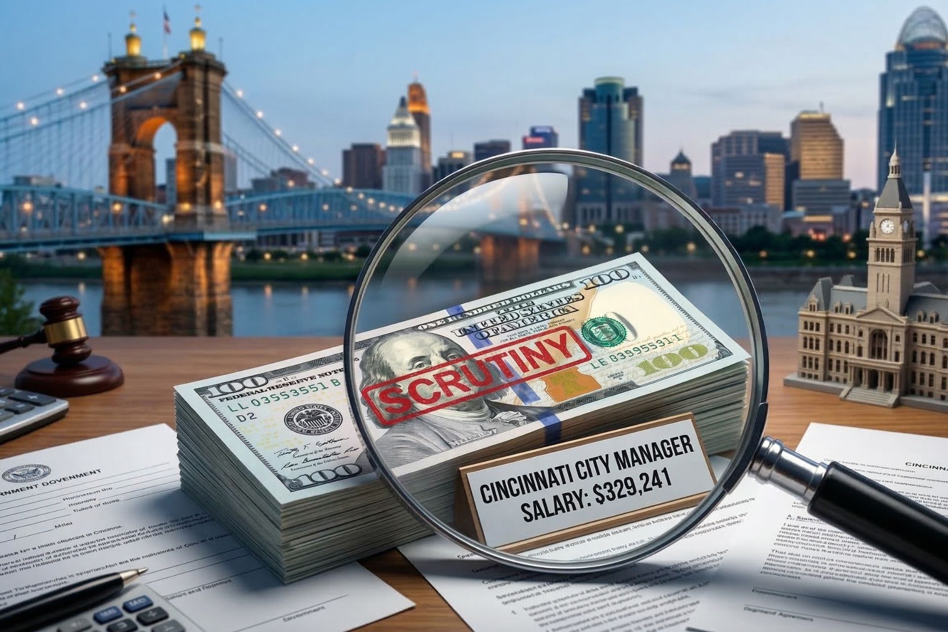 A magnifying glass examines a stack of money labeled "Cincinnati City Manager Salary: $329,241" against the backdrop of the Cincinnati skyline and the John A. Roebling Suspension Bridge.
