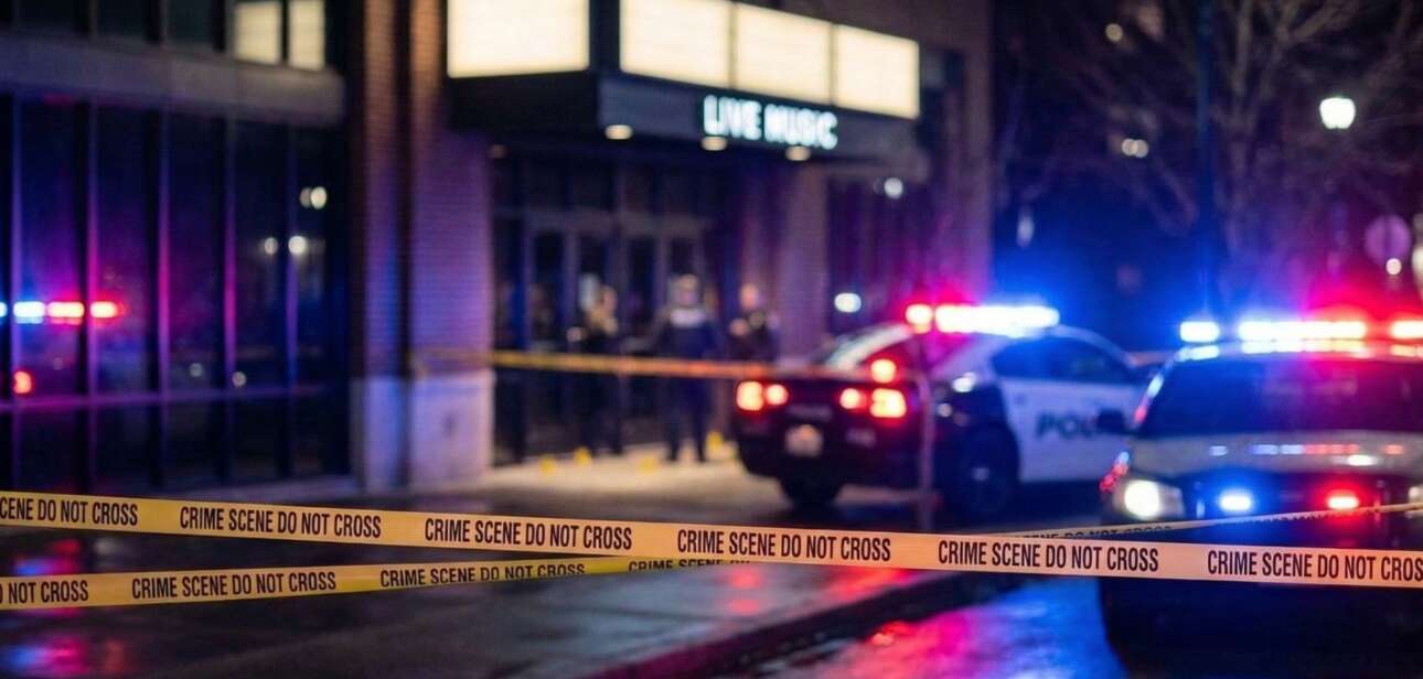 Police cruisers with flashing lights and yellow crime scene tape outside a Cincinnati live music venue at night.