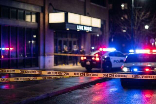 Police cruisers with flashing lights and yellow crime scene tape outside a Cincinnati live music venue at night.