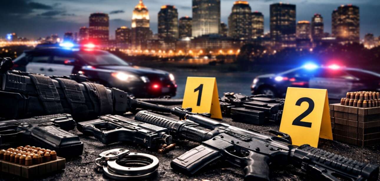 Confiscated firearms, ammunition, handcuffs, and yellow evidence markers in the foreground, with illuminated police vehicles and the downtown Cincinnati skyline at night in the background.