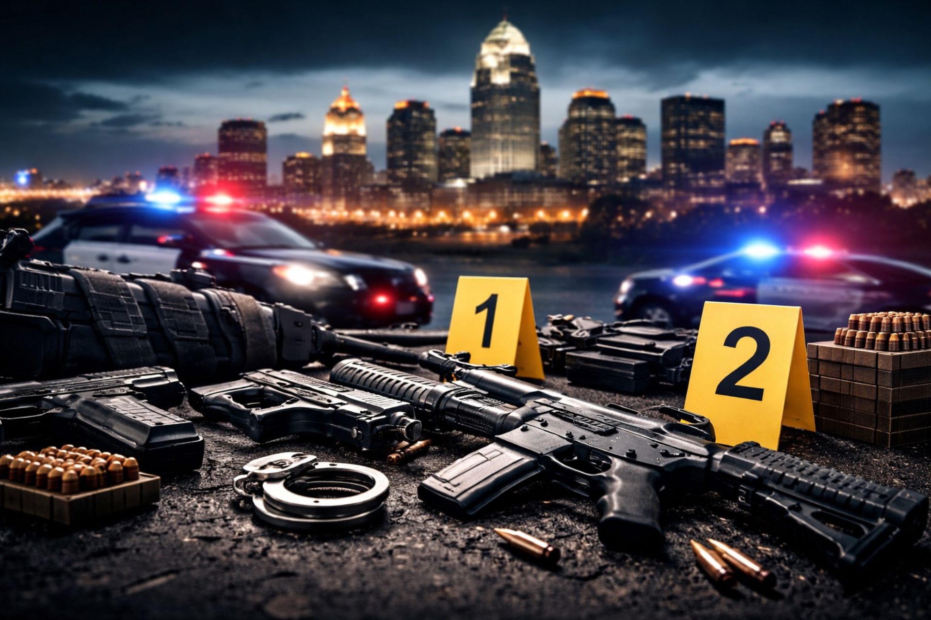 Confiscated firearms, ammunition, handcuffs, and yellow evidence markers in the foreground, with illuminated police vehicles and the downtown Cincinnati skyline at night in the background.