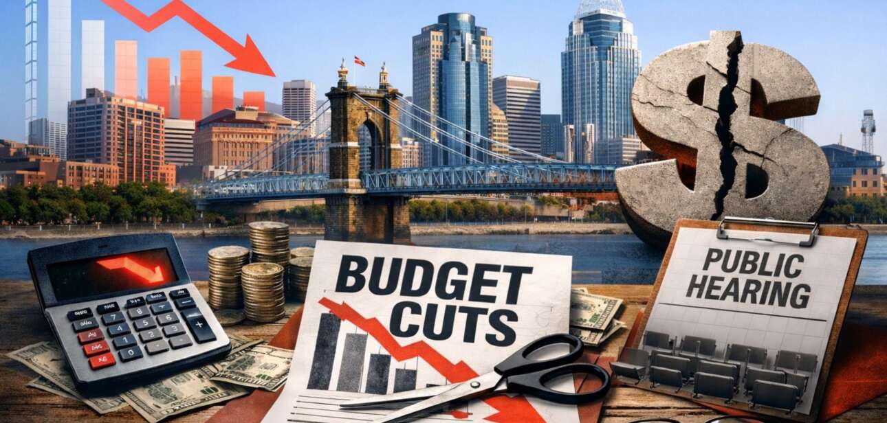 A conceptual graphic showing the Cincinnati skyline and Roebling Suspension Bridge in the background. In the foreground, a desk holds a calculator, scissors cutting a document labeled "BUDGET CUTS," a "PUBLIC HEARING" sign, a large dollar sign, and a downward-pointing red arrow indicating a financial deficit.