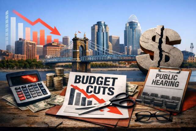 A conceptual graphic showing the Cincinnati skyline and Roebling Suspension Bridge in the background. In the foreground, a desk holds a calculator, scissors cutting a document labeled "BUDGET CUTS," a "PUBLIC HEARING" sign, a large dollar sign, and a downward-pointing red arrow indicating a financial deficit.