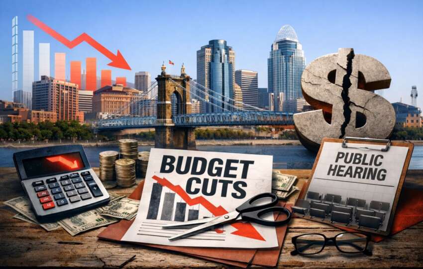 A conceptual graphic showing the Cincinnati skyline and Roebling Suspension Bridge in the background. In the foreground, a desk holds a calculator, scissors cutting a document labeled "BUDGET CUTS," a "PUBLIC HEARING" sign, a large dollar sign, and a downward-pointing red arrow indicating a financial deficit.