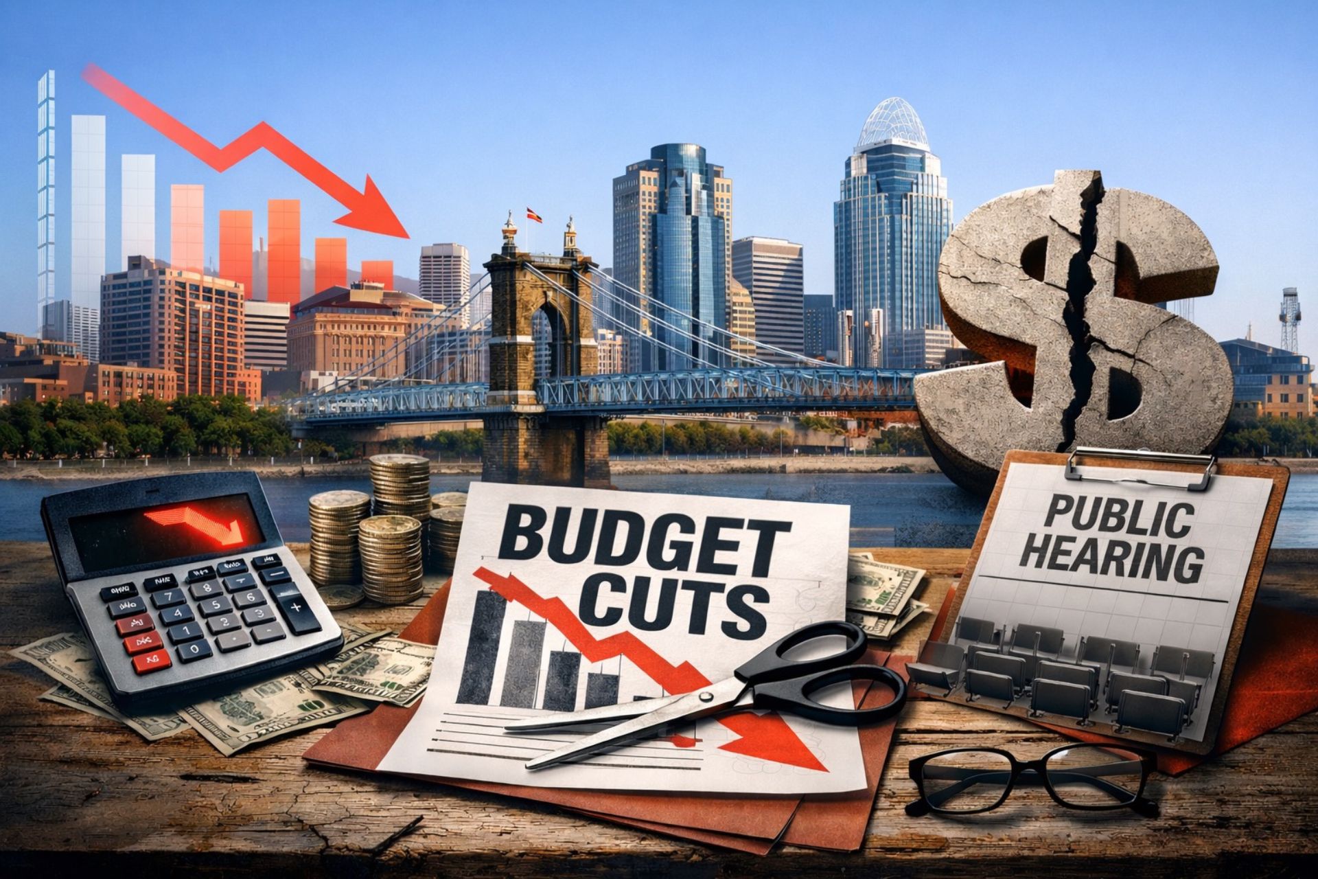 A conceptual graphic showing the Cincinnati skyline and Roebling Suspension Bridge in the background. In the foreground, a desk holds a calculator, scissors cutting a document labeled "BUDGET CUTS," a "PUBLIC HEARING" sign, a large dollar sign, and a downward-pointing red arrow indicating a financial deficit.