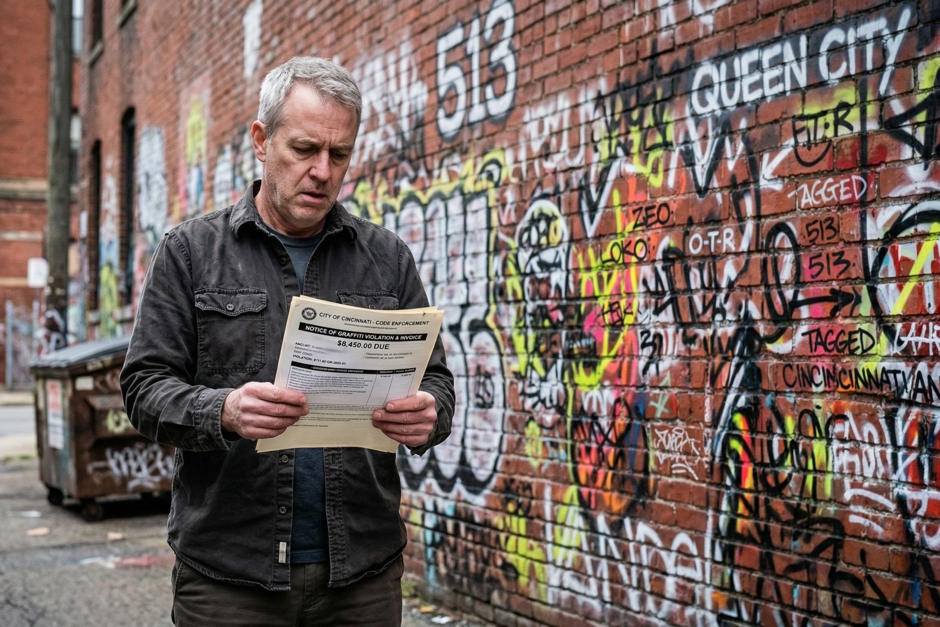 Stressed Cincinnati property owner reading a costly graffiti cleanup violation notice in front of a vandalized brick building.