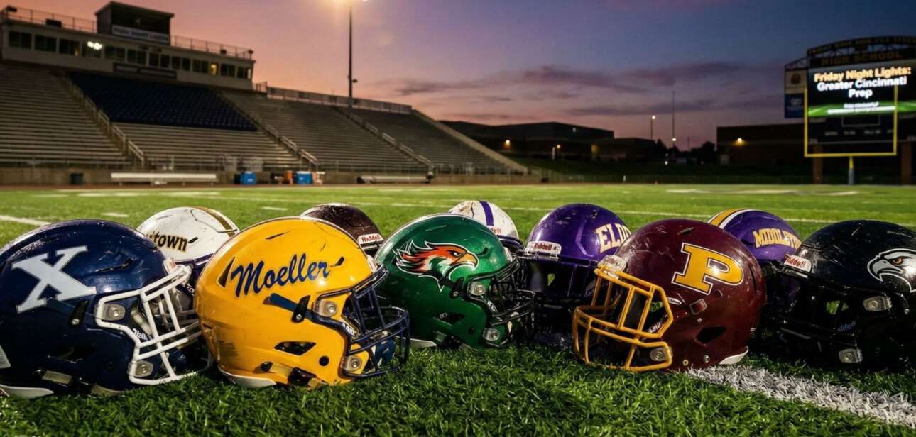 A row of Cincinnati high school football helmets, including St. Xavier, Moeller, and Elder, lined up on a turf field under stadium lights at dusk.
