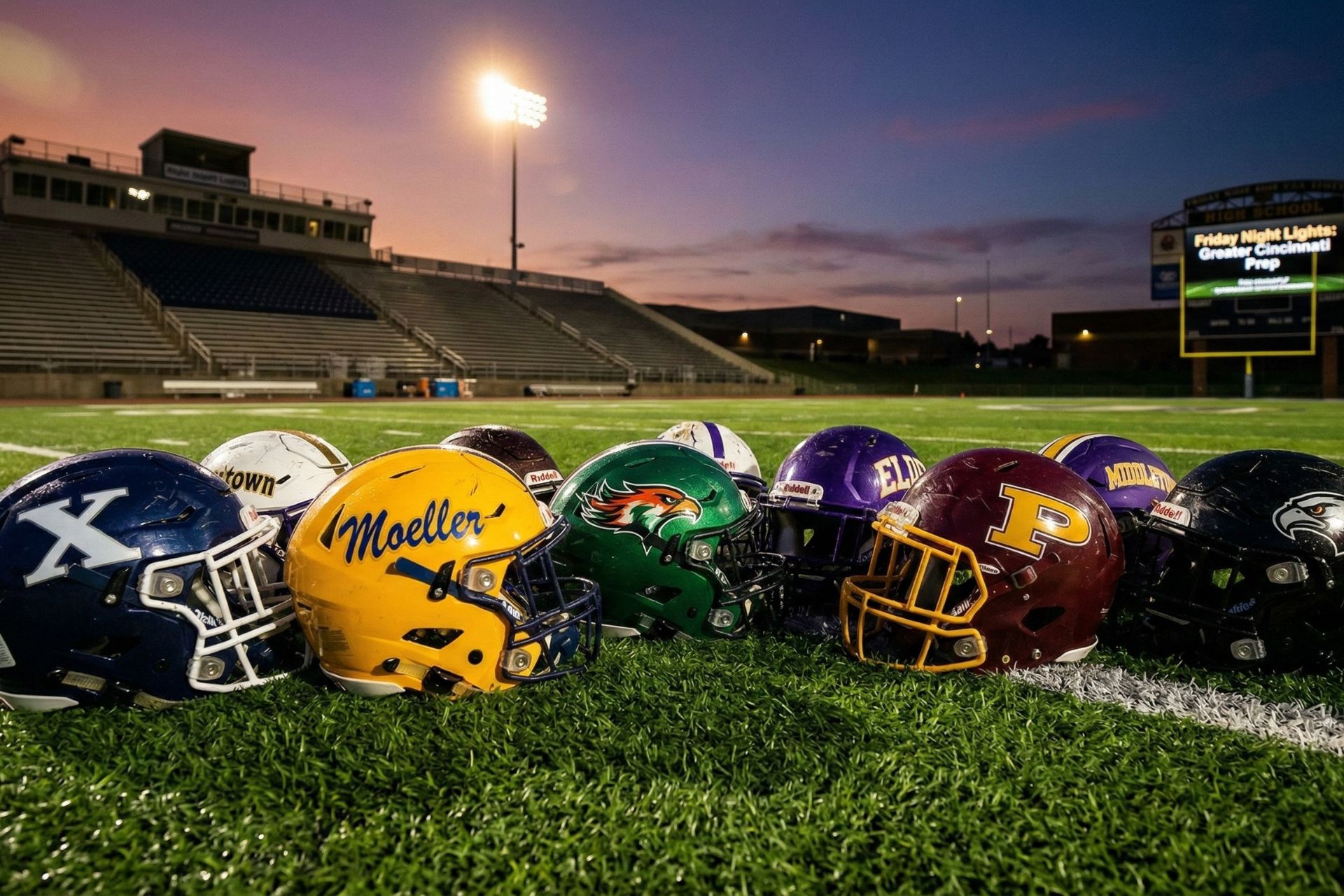 A row of Cincinnati high school football helmets, including St. Xavier, Moeller, and Elder, lined up on a turf field under stadium lights at dusk.
