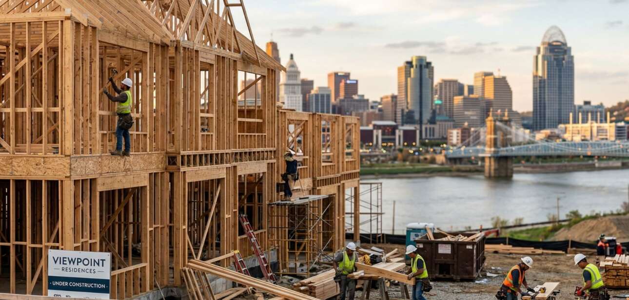 Construction workers build the wooden framework of a new residential housing unit with the downtown Cincinnati skyline and Ohio River in the background.