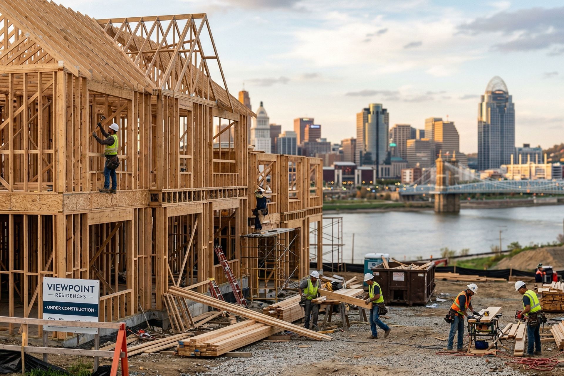 Construction workers build the wooden framework of a new residential housing unit with the downtown Cincinnati skyline and Ohio River in the background.
