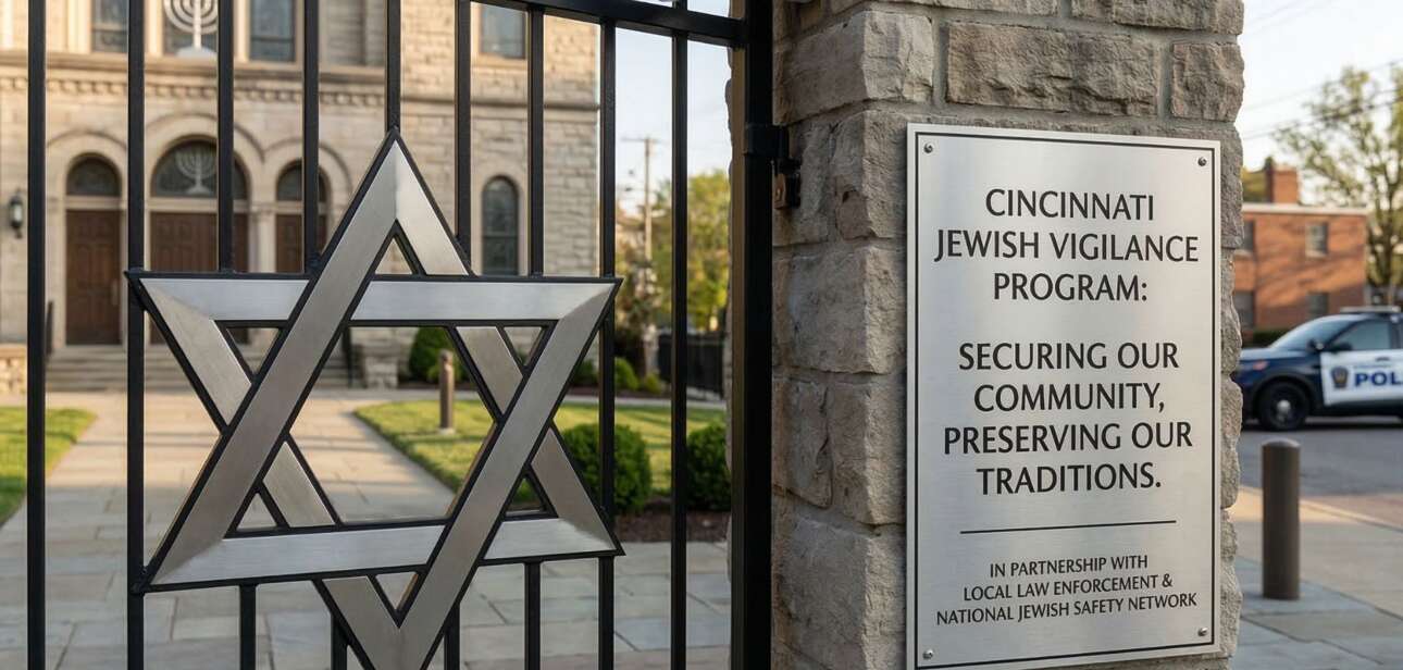 A stone pillar with a security camera and a plaque for the Cincinnati Jewish Vigilance Program stands next to a metal gate featuring a Star of David.