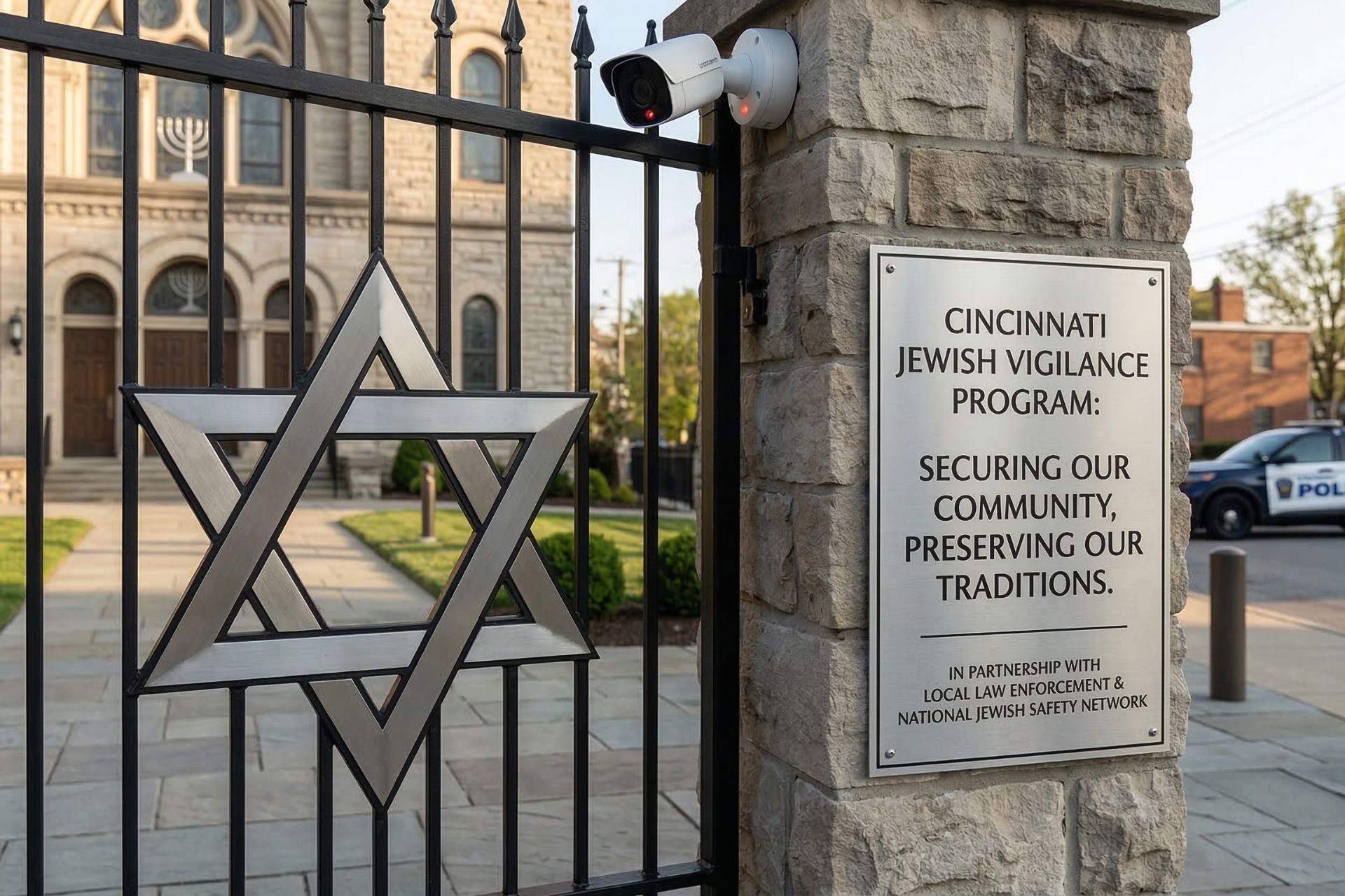 A stone pillar with a security camera and a plaque for the Cincinnati Jewish Vigilance Program stands next to a metal gate featuring a Star of David.