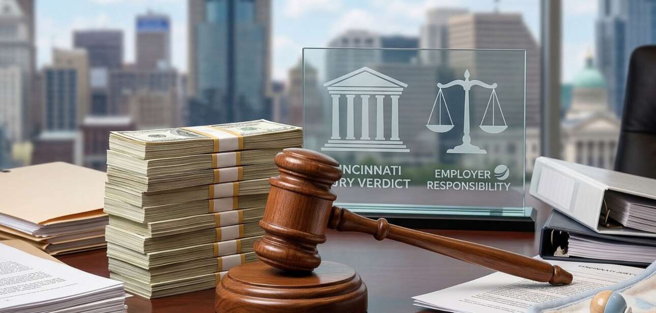 A wooden judge's gavel resting on a desk next to stacks of money, legal documents, a glass plaque reading "Cincinnati Jury Verdict," and a baby pacifier, representing the $25 million wrongful death lawsuit against TQL.